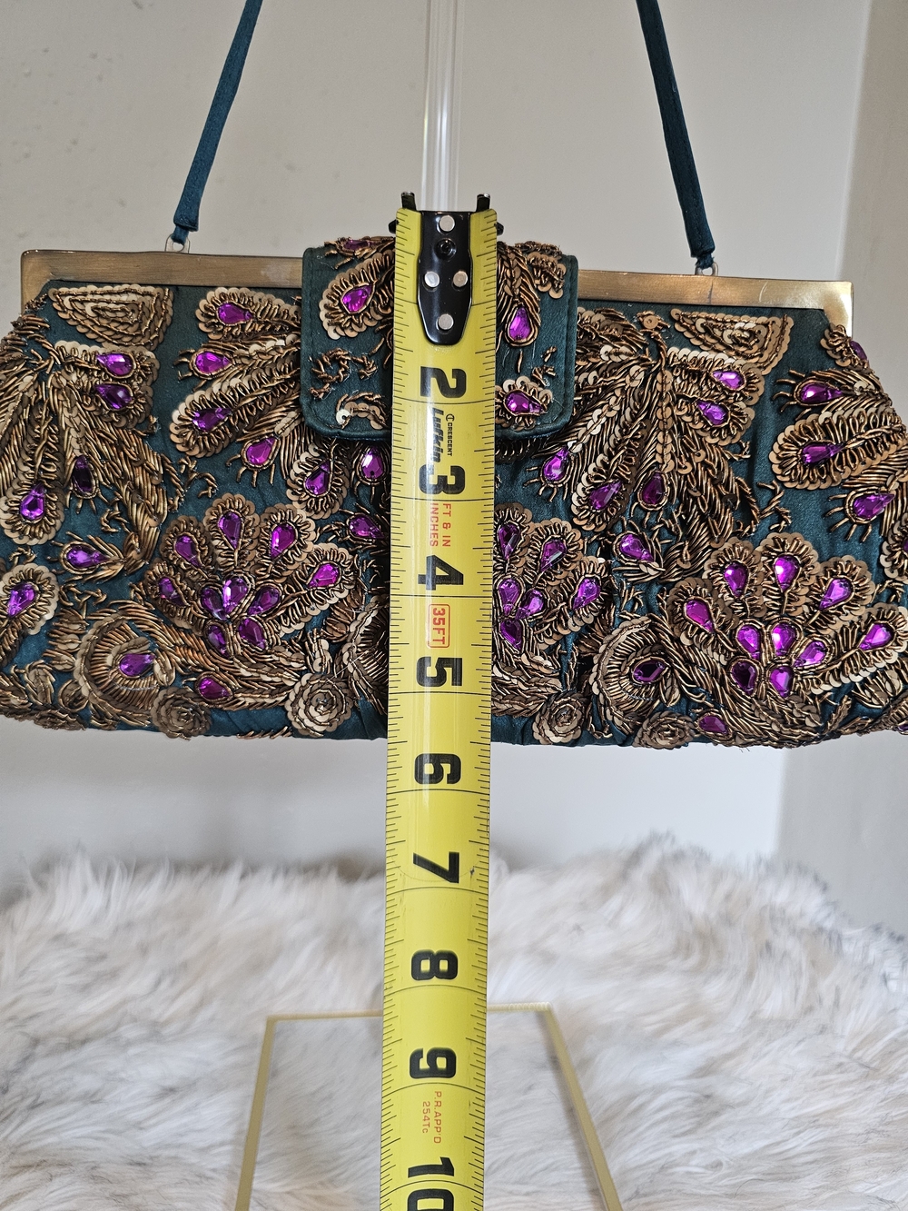 Vintage Santi Teal Satin Purple & Gold Beaded Evening Clutch Bag Fairycore - Picture 14 of 14